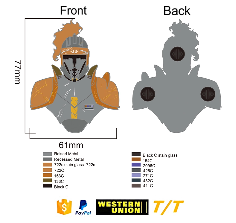 Finished artwork specification with front and back views